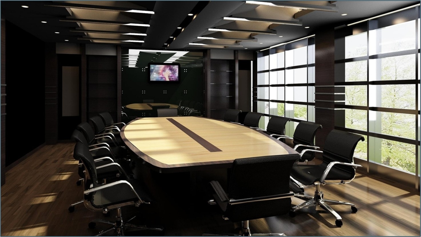 Modern dark conference room with large table and floor-to-ceiling windows