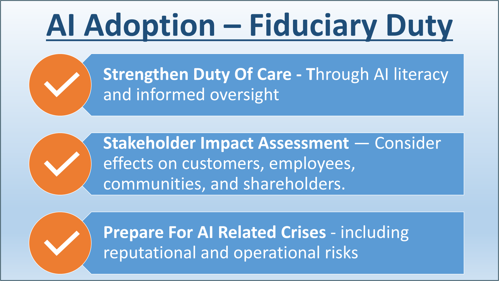 AI Adoption – Fiduciary Duty: Strengthen Duty of Care, Stakeholder Impact Assessment, Prepare for AI Related Crises